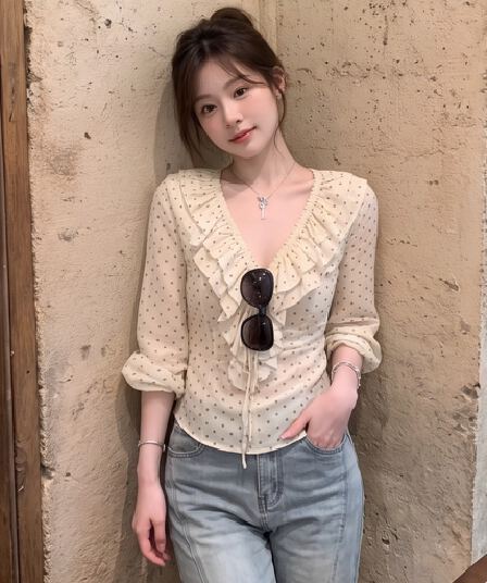 프랑스식 도트 무늬 V넥 프릴 맨위 여성 허리 수축 펌프 로프 버블 긴팔 휴가 바람 얇고 가벼운 쉬폰 작은 셔츠