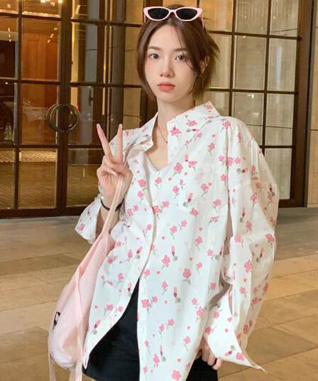한국 스타일 캐주얼 꽃무늬 셔츠 일상 여성 셔츠 루즈핏 긴팔 셔츠 재킷