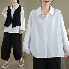 批发实拍 棉质<b class='q'>马夹</b>两件套女春秋新款宽松显瘦复古小众长袖衬衫套装