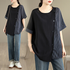 批发实拍新款棉麻大码女装<b class='q'>夏季</b>宽松短袖t恤显瘦遮肚上衣服中年<b class='q'>妈妈装</b>