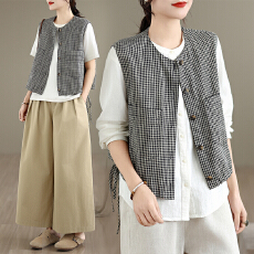 批发实拍 格子马甲无袖设计感宽松大码马夹背心春夏时髦显瘦上衣女