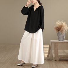 批发实拍 法式泡泡袖衬衫气质减龄百搭新款宽松防晒衫加休闲阔腿裤套