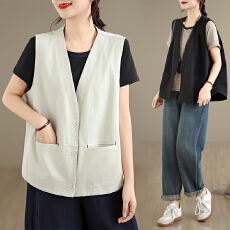 批发实拍 高档女<b class='q'>大码</b>品牌正品春夏新款棉麻马夹外套<b class='q'>背心</b>宽松上衣马甲