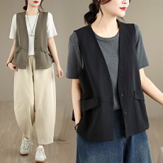 批发实拍 复古棉马甲小<b class='q'>背心</b>女新款休闲V领短款无袖坎肩<b class='q'>大码</b>马夹上衣