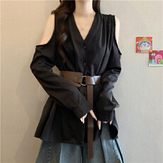 批发法式轻熟风气质V领露肩长袖衬衫女秋大码胖mm腰带收腰不规则上衣