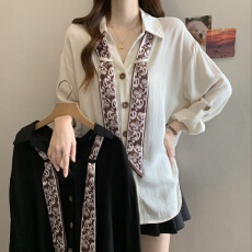 批发老钱风丝巾POLO领长袖衬衫<b class='q'>女装</b>秋季<b class='q'>大码</b>胖mm法式独特别致棉麻衬衣