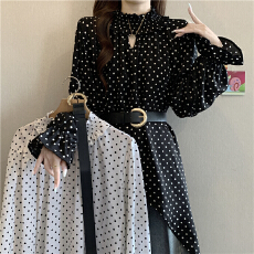 批发高级感<b class='q'>波点</b>正肩不规则<b class='q'>衬衫</b>女2026秋大码胖mm腰带收腰遮肚显瘦上衣