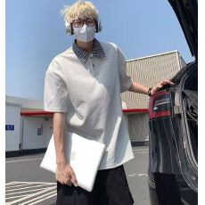 批发格纹拼接假两件polo衫短袖男款夏季学院风衬衫领t恤美式复古半袖