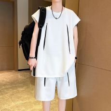 批发2025新款夏季薄款男士无袖T恤青少年宽松学生运动休闲两件套