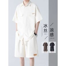 批发短袖<b class='q'>衬衫</b>男士夏季薄款冰丝套装休闲<b class='q'>运动服</b>痞帅夏天短裤<b class='q'>衬衣</b>两件套