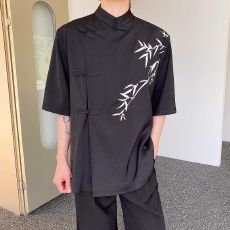 批发夏季改良新中式盘扣衬衫男短袖小众竹子刺绣设计感复古<b class='q'>中国风</b>衬衣