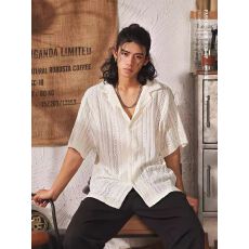 批发2025新款镂空古巴领短袖衬衫男<b class='q'>夏</b>季新款宽松休闲复古半袖衬衣男