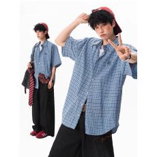 批发2025新款美式复古格纹刺绣短袖衬衫男<b class='q'>夏</b>季宽松POLO衫衬衣外套