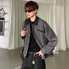 批发美式复古老钱风美式条纹铆钉翻领夹克男女街头休闲百搭<b class='q'>西装</b>外套潮