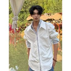 批发美式白色条纹撞色假两件衬衫男款秋季痞帅高级感cleanfit衬衣外套