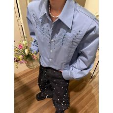 批发蛇瞳脊骨蓝色衬衫男高级感痞帅小众铆钉刺绣长袖衬衣外套男模穿搭