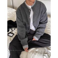 批发2025新款重磅双层假两件老钱风排扣开衫毛衣男秋冬针织外套开衫