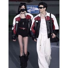 批发美式pu皮衣飞行员夹克男款情侣拼接撞色痞帅高级感机车骑行服外套