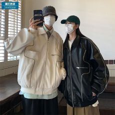 批发男休闲情侣夹克外套宽松新款街头皮衣皮质服PU机车轮廓复古春秋季
