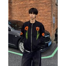 批发美式复古植绒刺绣棒球服夹克外套男女小众设计感郁金香花卉上衣男