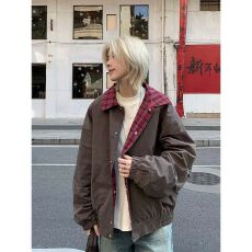 批发秋季新款<b class='q'>日系</b>拼接格子设计感宽松夹克<b class='q'>复古</b>中性风休闲百搭翻领外套