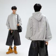 批发2025新款美式重磅复古钉珠刺绣设计连帽卫衣男女宽松<b class='q'>休闲</b>上衣帽衫