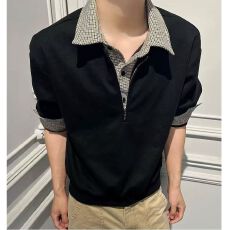 批发2025纯棉美式假两件miu系polo领半拉链卫衣男春秋季老钱风打底衫