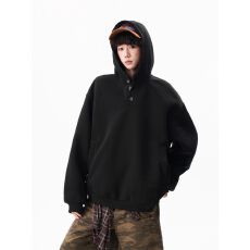 批发2025新款纯棉高领纽扣连帽卫衣男美式情侣装帽衫高街<b class='q'>潮牌</b>boxy上衣