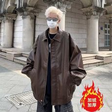 批发2025美式复古翻领pu皮衣夹克情侣ins潮牌帅气机车加绒皮衣外套男