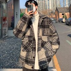 2025潮牌阔版格子毛呢夹克早秋新款翻领休闲衬衫外套宽松男女情侣