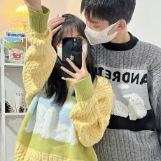 批发日系软糯可爱小兔子拼接学院风毛衣<b class='q'>男</b>秋冬奶fufu的宽松慵懒针织衫