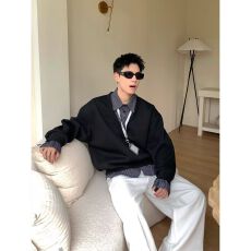 批发2025新款秋季假两件衬衫领卫衣<b class='q'>男</b>韩系时尚上衣潮<b class='q'>男</b>宽松百搭套头