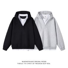 批发2025新款重磅假两件秋简约撞色V领连帽卫衣<b class='q'>男</b>潮牌宽松情侣帽衫