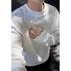 批发2025新款肌理感长袖t恤<b class='q'>男</b>秋季美式版型拼接上衣小领口内搭打底衫