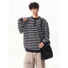 批发2025新款重磅美式撞色条纹亨利领长袖<b class='q'>毛衣</b>男秋冬针织衫宽松毛线衣