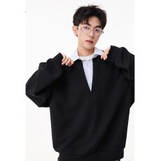 批发2025新款重磅高智感假两件polo领拼接卫衣男女<b class='q'>秋</b>冬季美式休闲上衣