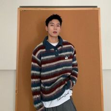 批发2025新款美式复古polo领条纹<b class='q'>毛衣</b>男秋冬宽松休闲慵懒针织衫