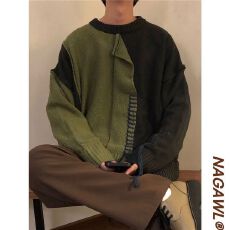 批发2025小众不规则缝线撞色拼接设计感圆领套头<b class='q'>毛衣</b>男美式高街针织衫