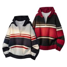 2025新款秋冬美式复古撞色条纹半拉链连帽撞色毛衣男女复古针织衫