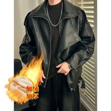 批发美式复古机车皮衣外套男秋季潮牌斜拉链大翻领加绒飞行员皮夹克男