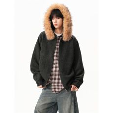 2025新款秋冬美式可拆卸大毛领连帽毛衣开衫男宽松情侣针织衫外套