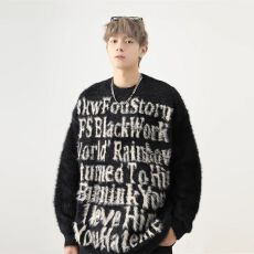 美式复古字母印花情侣毛衣男女秋冬季潮宽松套头针织衫慵懒风线衣