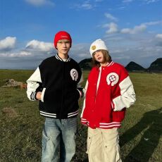 批发美式街头重磅十字架拼皮刺绣钢标棒球服男女宽松夹克<b class='q'>外套</b>潮春秋款