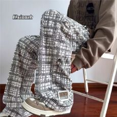 2025黑白格子裤子男秋季美式复古小香风阔腿裤宽松直筒休闲长裤