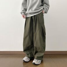 批发2025新款半松紧<b class='q'>春</b>秋工装裤男女纯色长裤褶位设计阔腿裤休闲裤潮