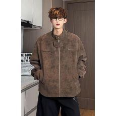 批发2025新款复古扎染立领外套男装美式高级感痞帅廓形夹克机车风工装