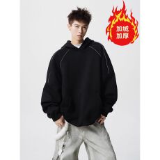 批发2025加绒加厚美式<b class='q'>潮牌</b>复古反光条连帽<b class='q'>卫衣</b>男秋冬宽松情侣长袖上衣