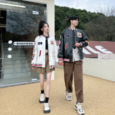 批发2025新款情侣装重工刺绣皮衣休闲夹克棒球服PU皮短外套宽松ins潮