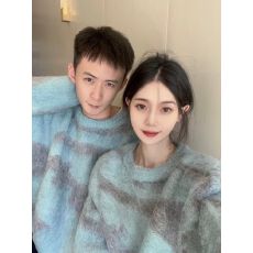 批发美式复古高街慵懒风拼色圆领印花毛衣男女高级感套头休闲中性上衣