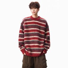 批发秋季美式复古宽松学院风条纹圆领美式慵懒风百搭针织衫毛衣男女潮